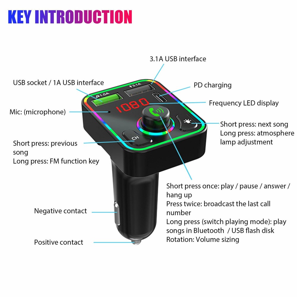 Bluetooth Car Wireless FM Transmitter Adapter 2USB PD Charger AUX Hands-Free