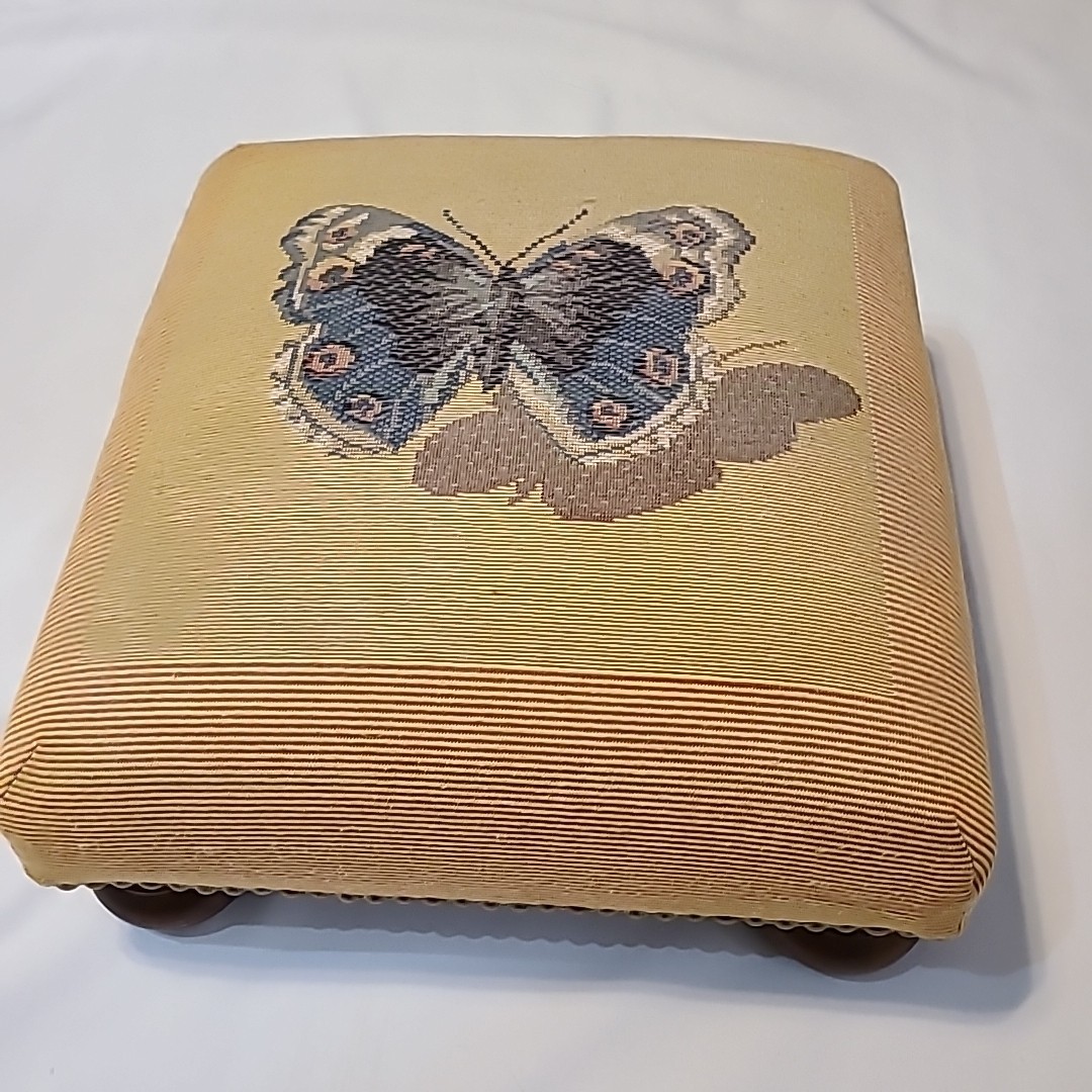 Vintage needlepoint butterfly footstool 13" x 13" x  5" Wooden Feet