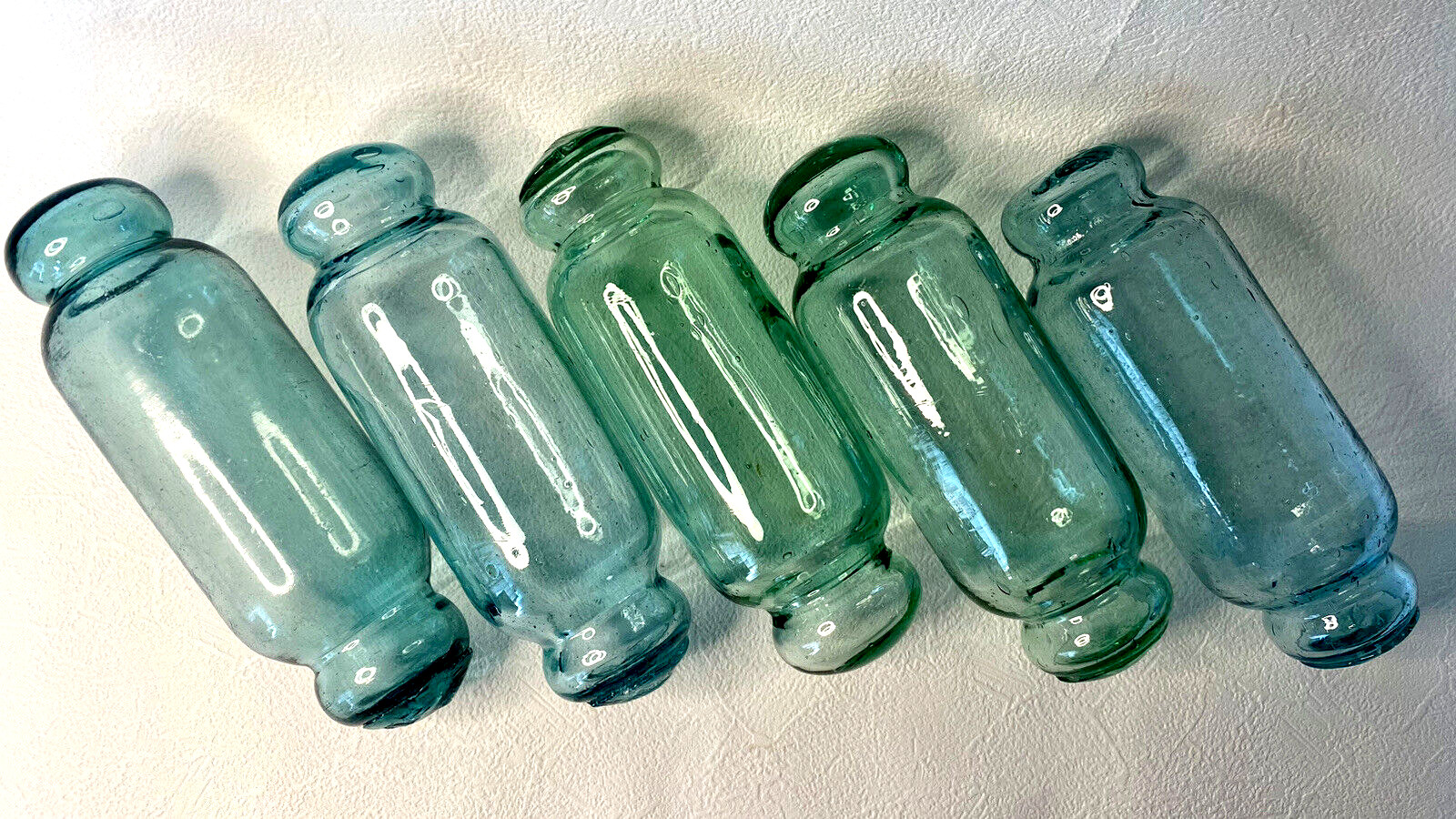 Set of 5 Japanese Glass Floats Antique Blue and Green Rolling Pin Fishing Decor