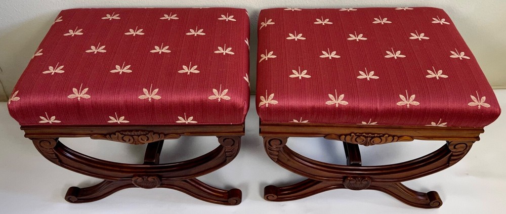 Empire Cross Stretcher Carved Walnut Ottoman / Stool