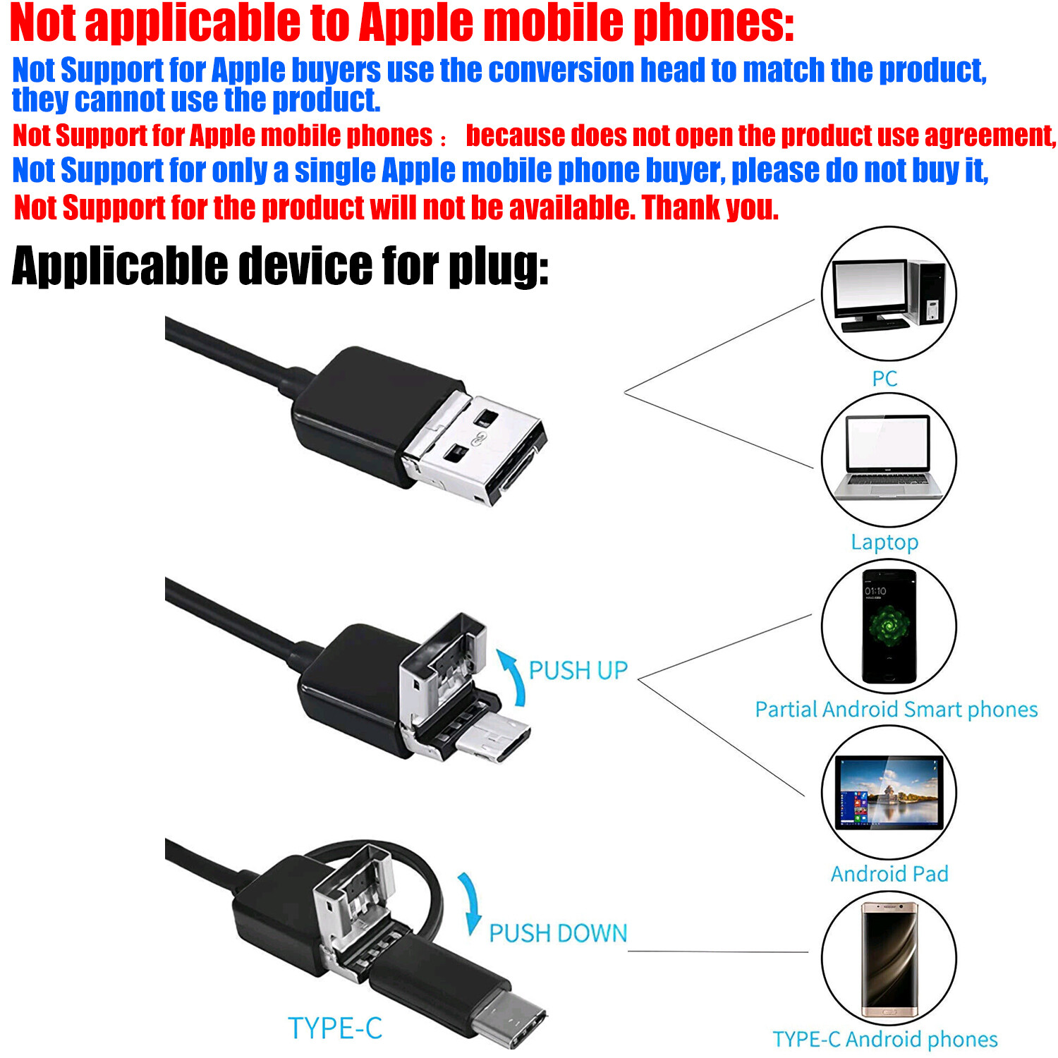 7mm HD Snake Endoscope Borescope Inspection Camera for USB Type C Android PC