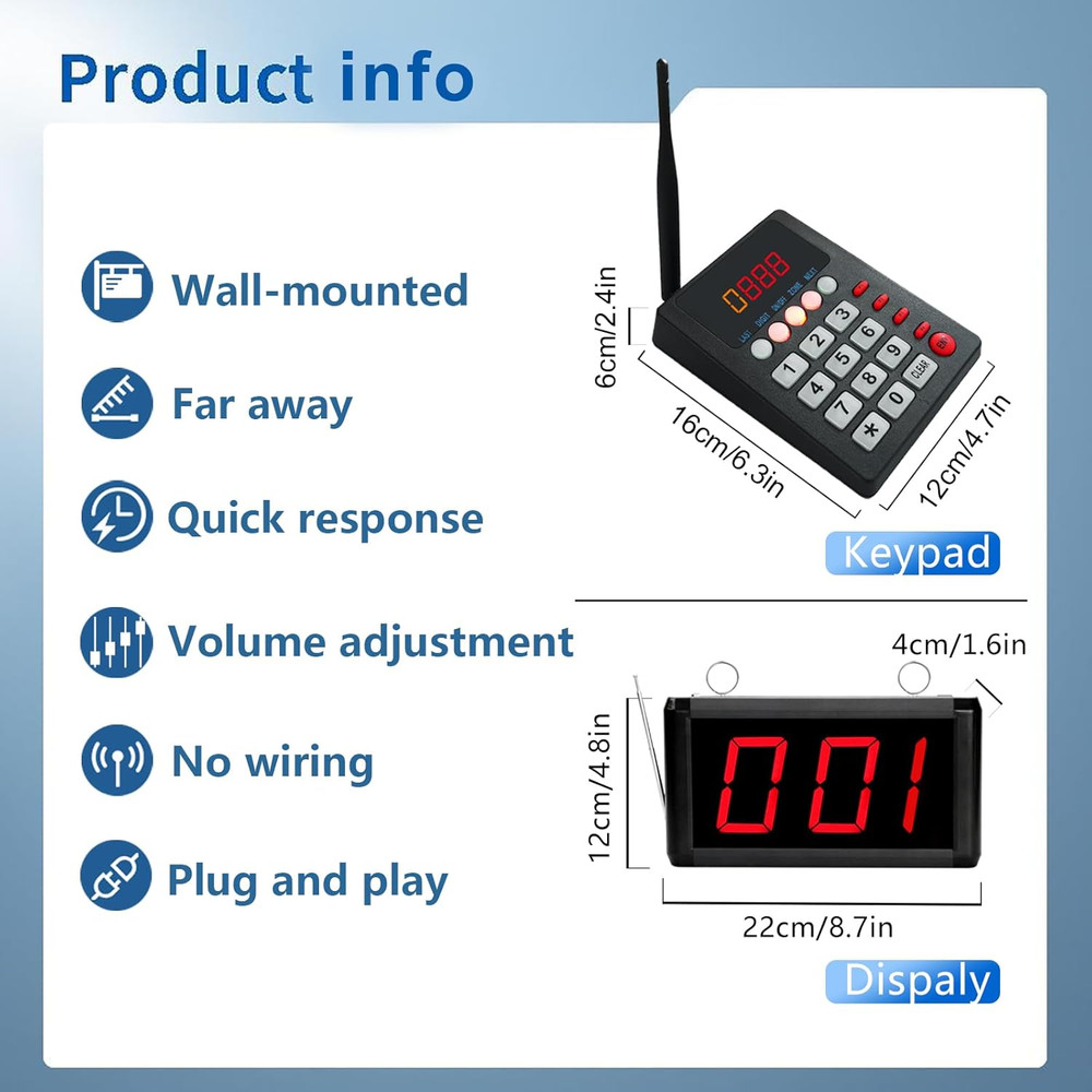 Queue Wireless Calling System with 1 Keypad 1 Displays + Take a Number Ticket Di
