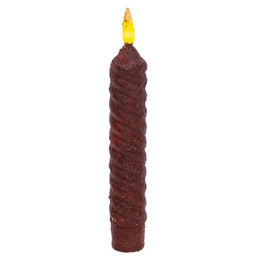 NEW PRIMITIVE BURNT BURGUNDY TIMER TAPER CANDLE TWISTED DESIGN 6.25" LED Flicker