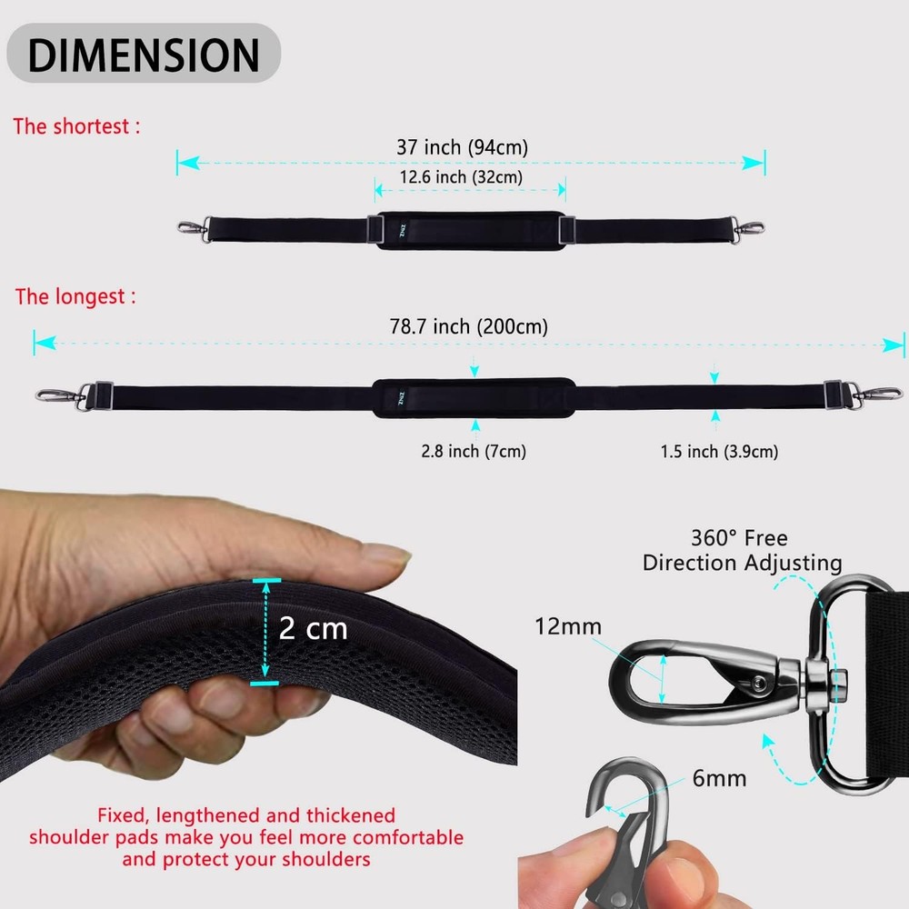 Extra long padded shoulder strap replacement with clasps