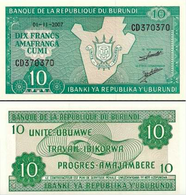 BURUNDI 10 FRANCS 2005-07 P 33 UNC