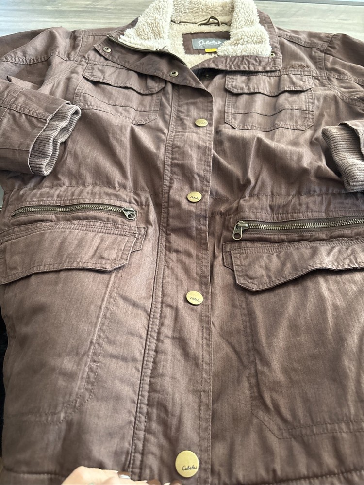Cabelas Brown Hunting Jacket Lined Size Large Regular Zipper Pockets EUC