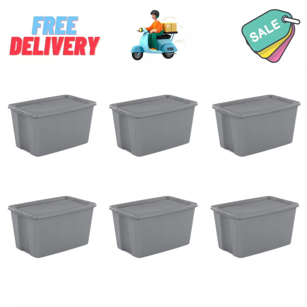 Sterilite 30 Gal Stackable Plastic Storage Bin Tote, Gray Latching Lid, 6 Pack