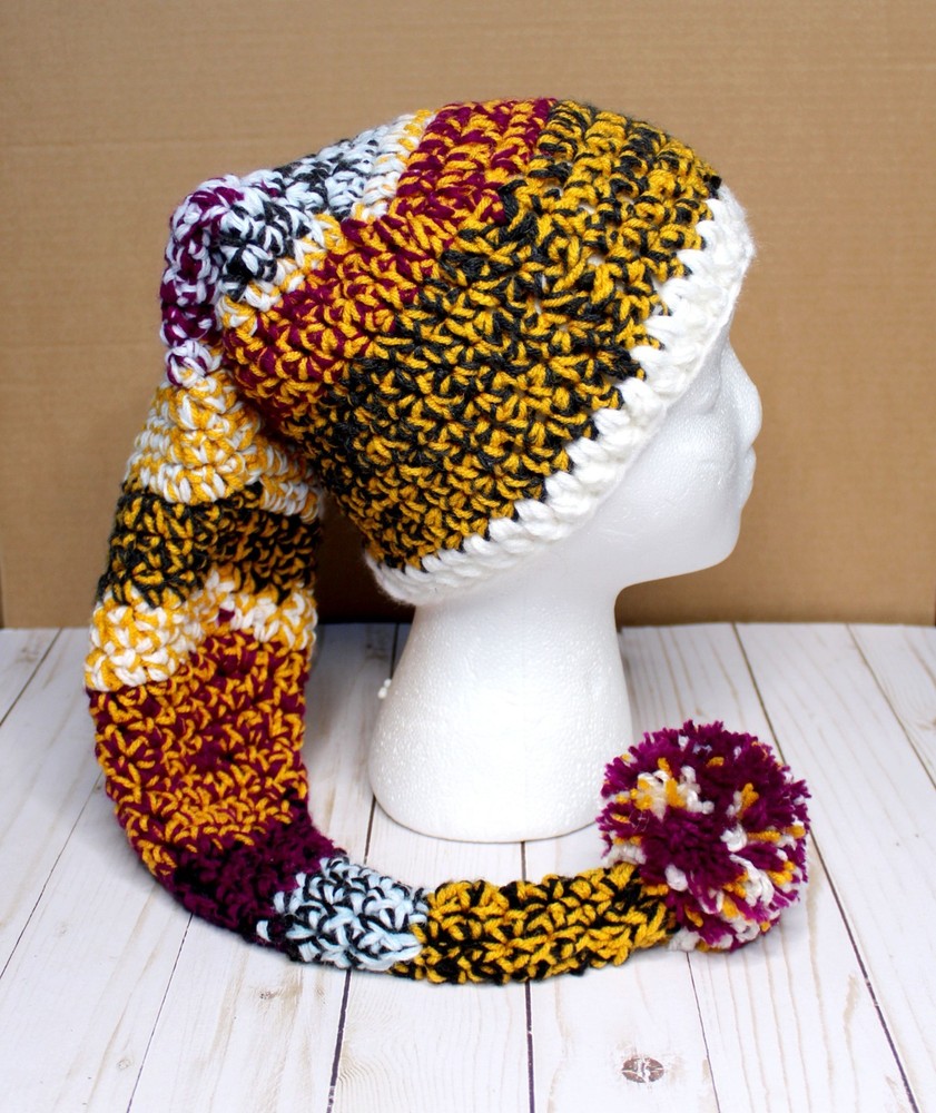 Hand Crocheted Multicolor Woold Blend Elf Hat with Pom Pom