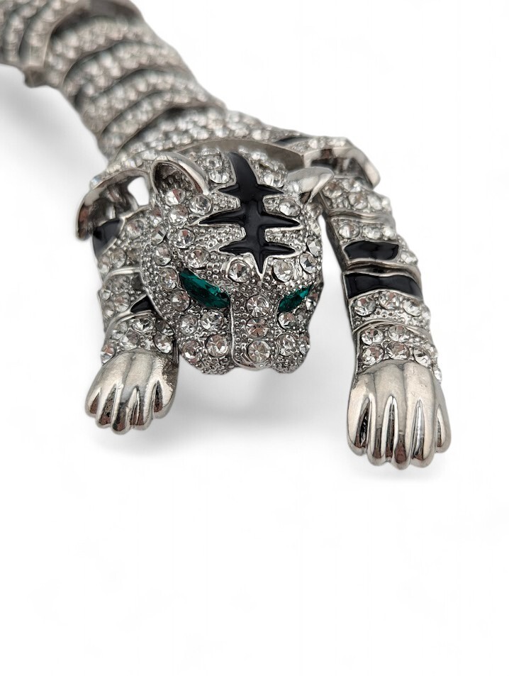 HUGE DRAPING WHITE TIGER SHOULDER BROOCH crystal enamel silvertone panther 7Z