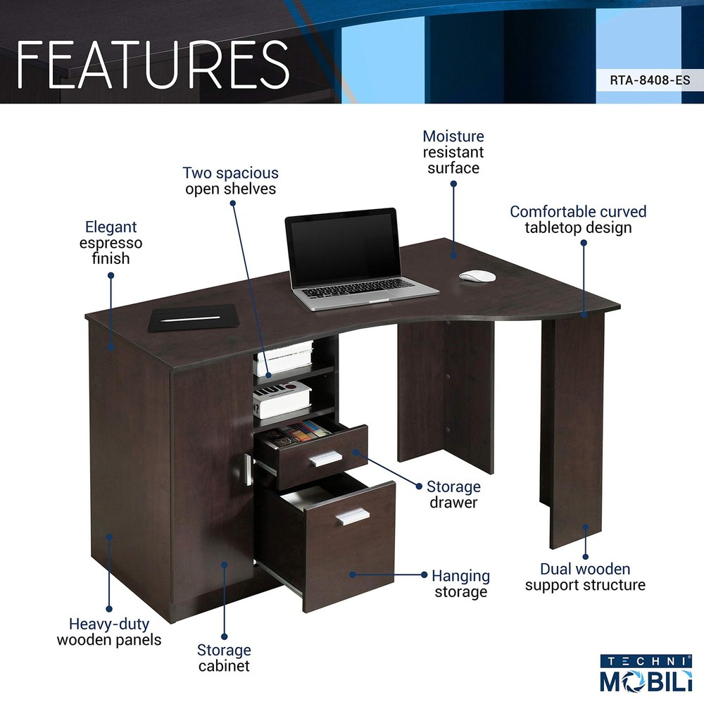 Techni Mobili Classic Office Storage Computer Desk, Espresso