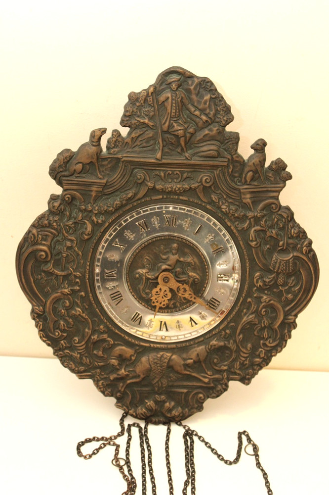 German Black Forest wall clock, Repousse Bronze Hunting Weights Pendulum