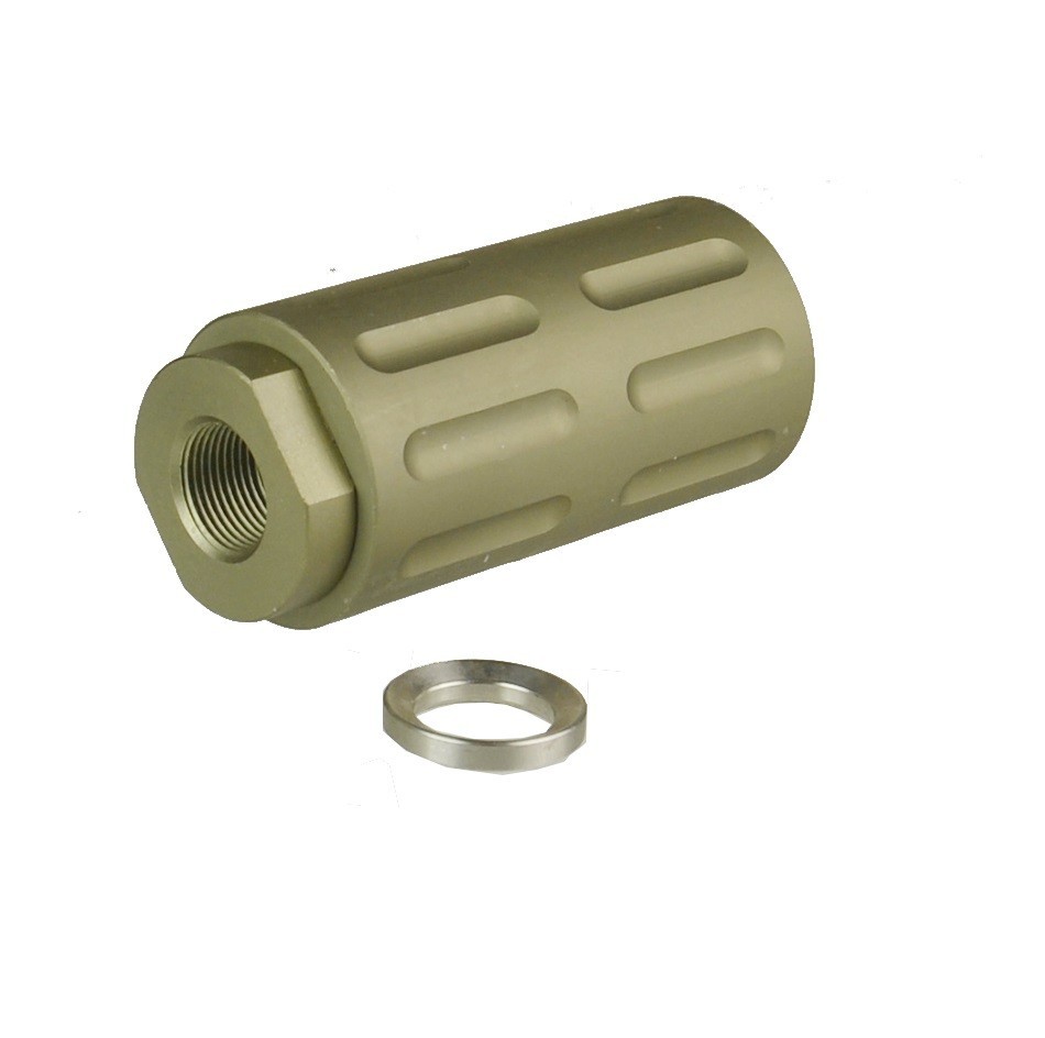 Aluminum Anodized Tan 1/2x28 TPI Muzzle Brake With 13/16x16 TPI Forwarde 9MM