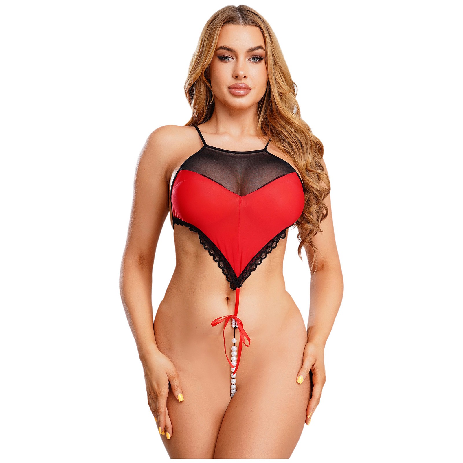 Womens See Through Lingerie Bodysuit Underwear Nightwear with Pearls Babydoll