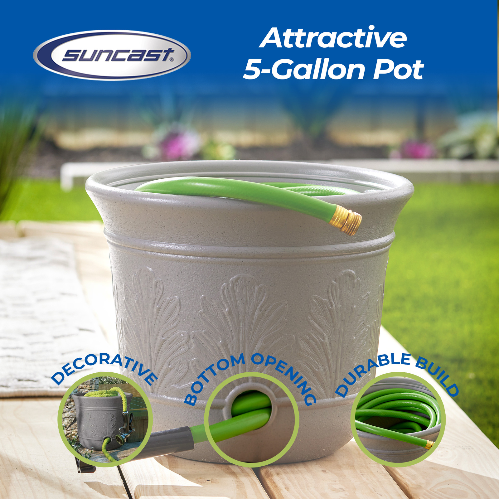 Suncast 300 Foot Heavy Duty 5 Gallon Decorative Expandable Garden Hose Pot, Gray