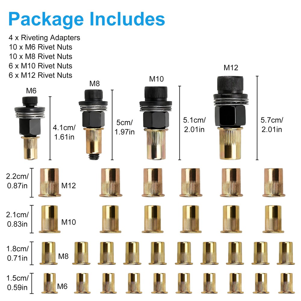 36pcs Manual Rivet Nut Tool Adapter Carbon Steel Head Threaded Insert Rivnut Set