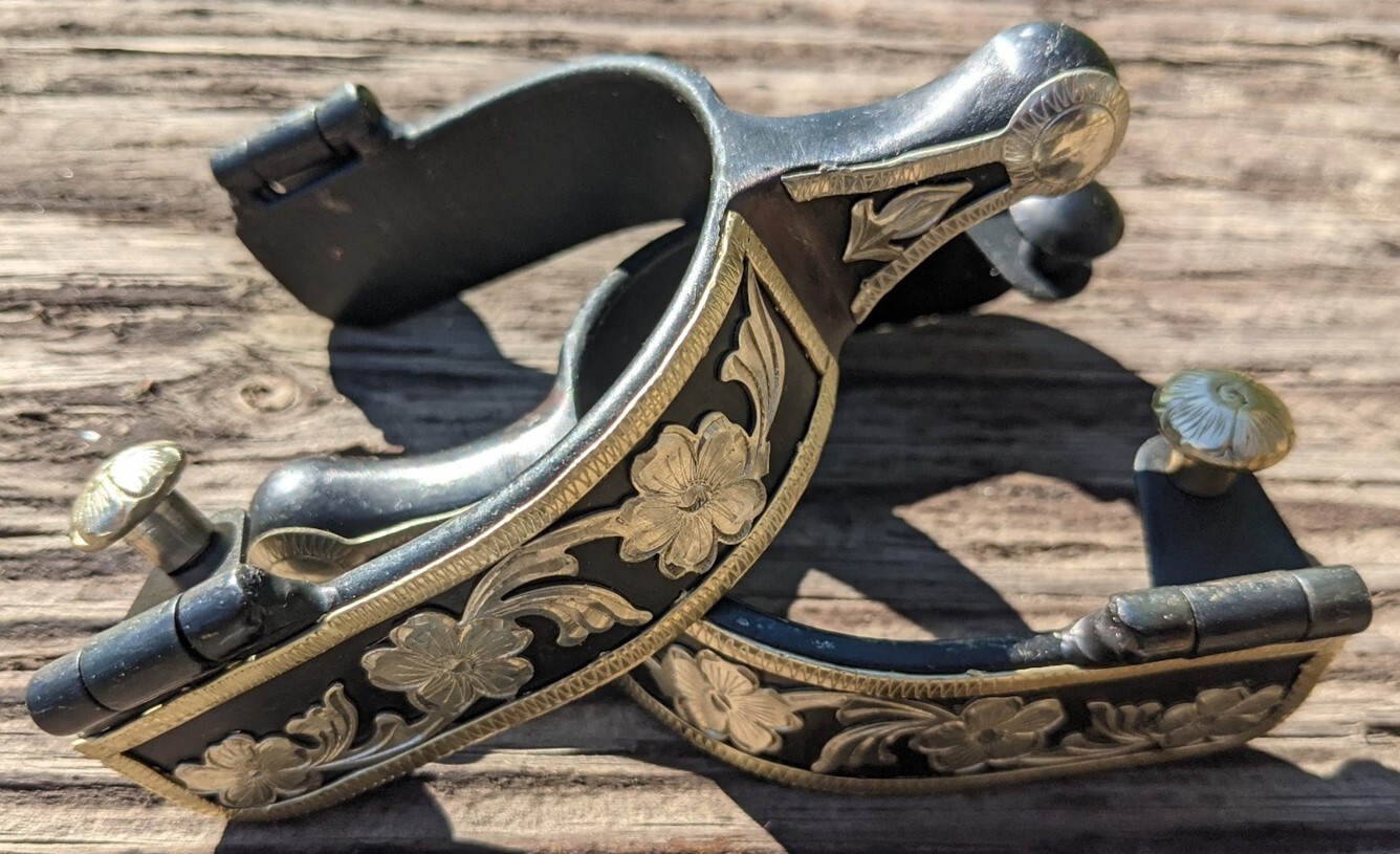 Western Ball End Spurs - Black Iron and Silver Floral