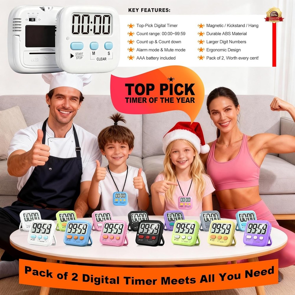 Antonki 2 Pack Digital Timer for Kids, Magnetic Countdown Kitchen Timers for Coo