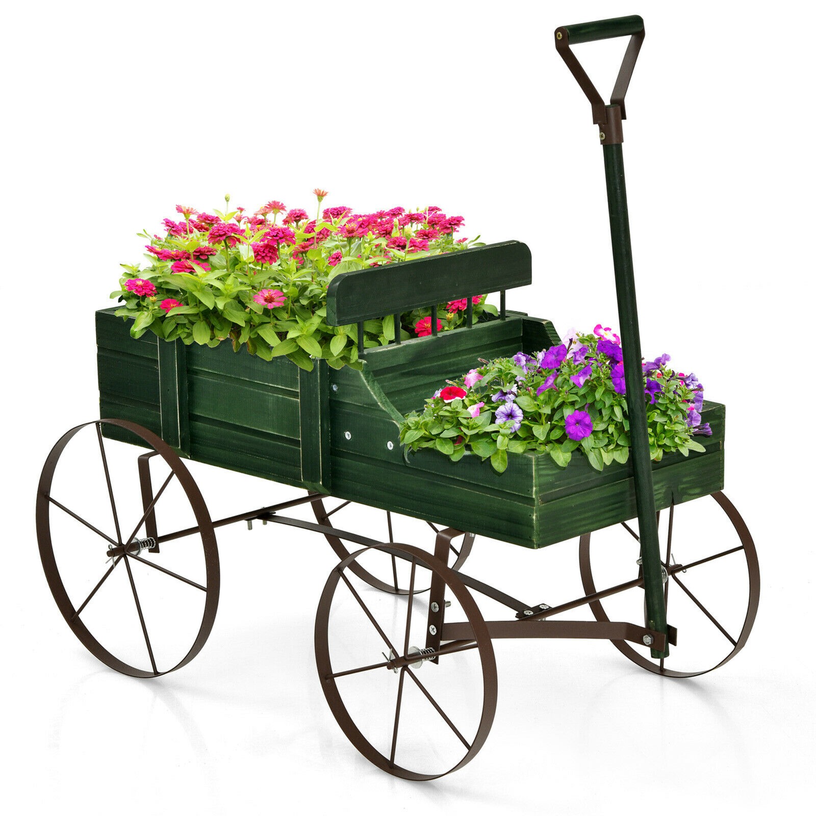 Garden Plant Planter Wooden Wagon Planter W/ Wheel Garden Yard Green