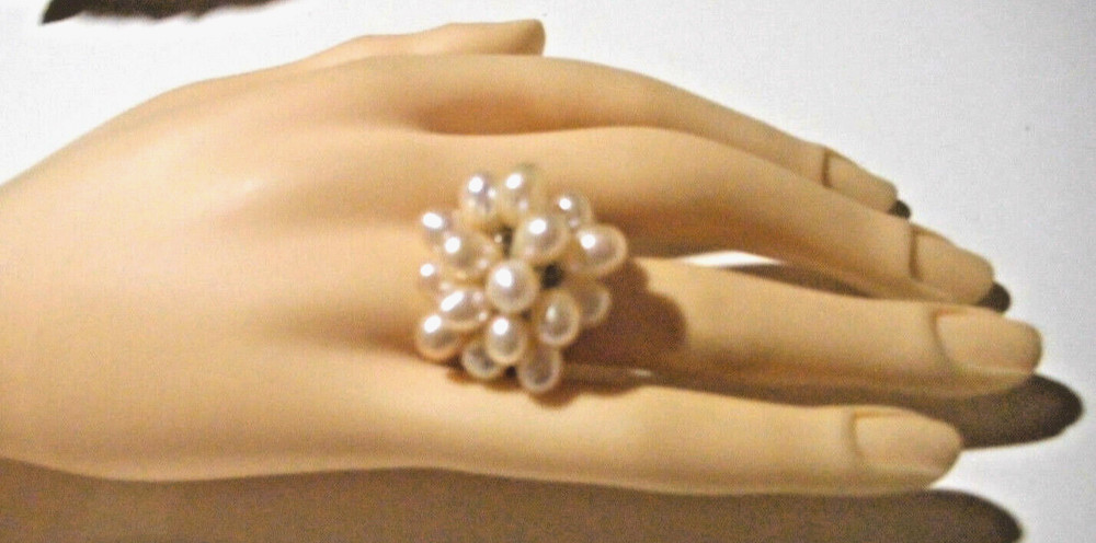 Silver tone setting with real pink freshwater pearl clustered ring