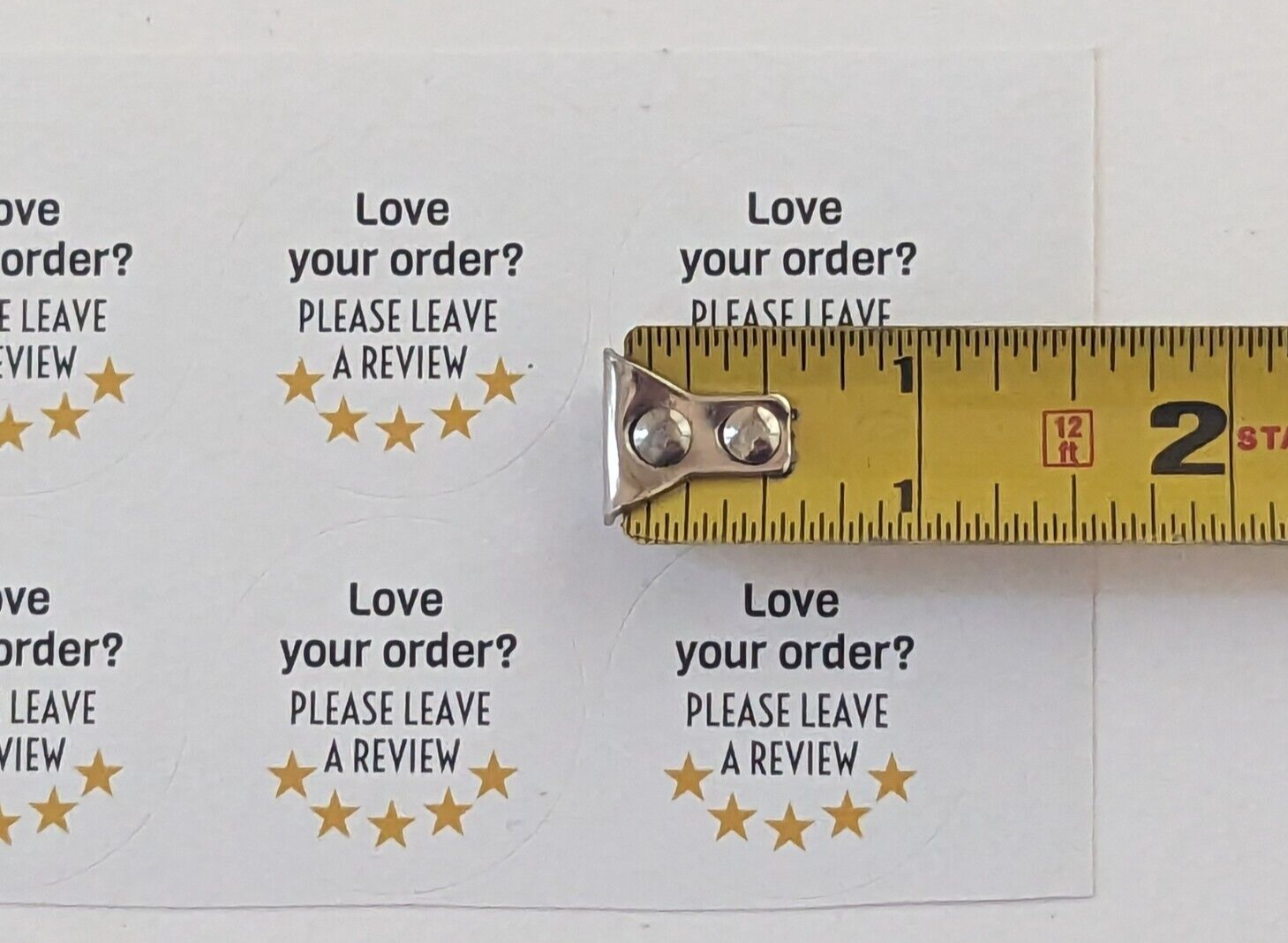 "Love your order? Please leave a review" sticker 1.25 inches round Quantity: 48