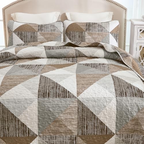 Quilt Queen Size 3 Pieces Patchwork Bedspread Bedding for Queen 90“×96” Brown