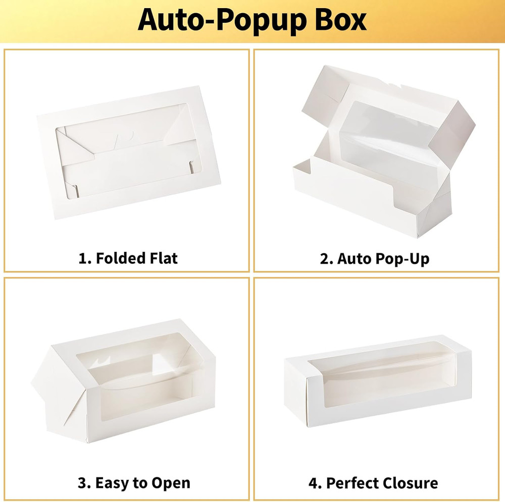24 Pack 12"X 4" X 3.5" Roll Cake Boxes White Bakery Boxes with Windows Chocolate