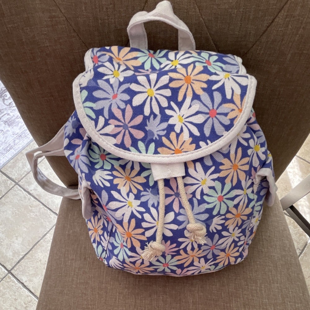 Cat & Jack Floral Canvas Backpack Purple White Adjustable Strap Drawstring 11in