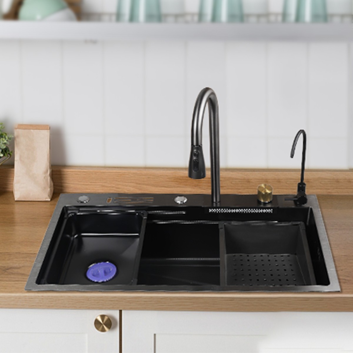 28x17 Flying Rain Stainless Steel Waterfall Kitchen Sink with Faucet Single Bowl