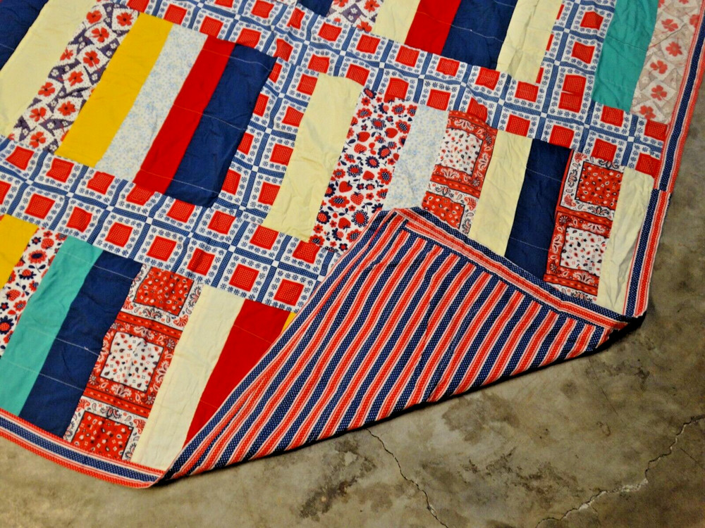 Handmade Patchwork Thin Quilt Quilted Blanket Vintage 76" x 87"