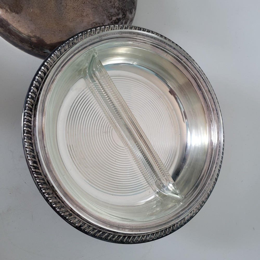 Vintage Sheffield Silver Plated Partitioned Dish w/ Glass Pyrex Insert dual Rare