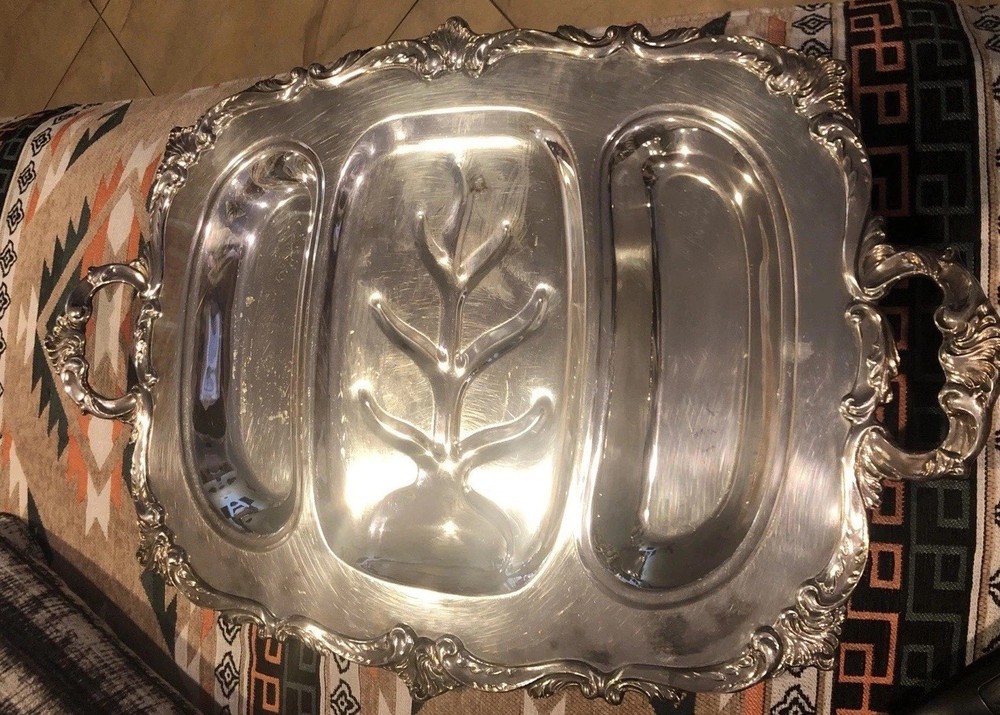 VTG,Heavy,extra large (24"x16")Silverplate Meat Serving Tray W Handles 3 Section