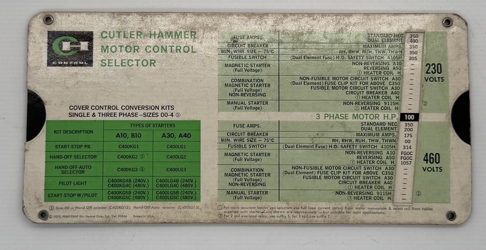 Vintage Cutler-Hammer Motor Control Selector Slide Chart - 1970 - A