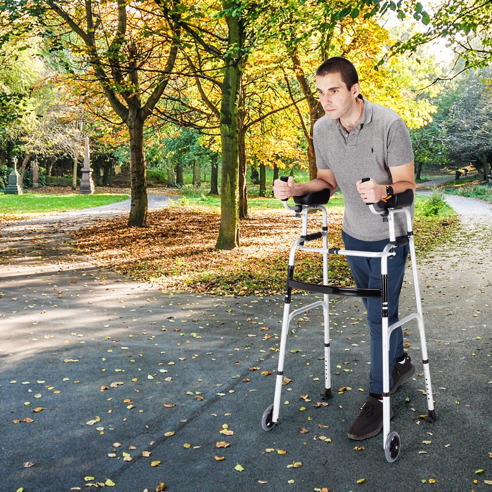 Folding Aluminum Alloy Wheel Walking Frame Adjustable Walker W/Armrest Support