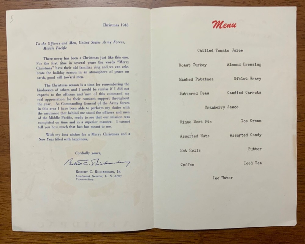 WWII 1945 Army Armed Forces Middle Pacific Command Christmas Menu AFMIDPAC