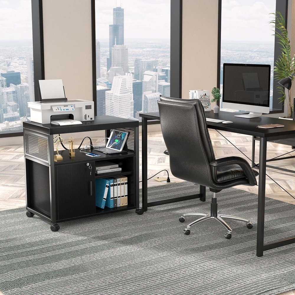 Locking Lateral File Cabinet with USB Charging, Rolling Printer Stand, Black