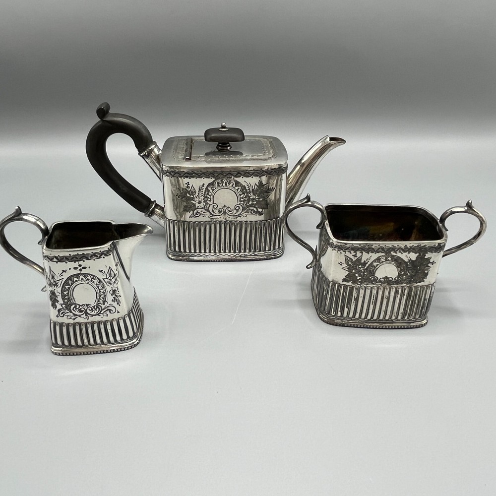 Antique Victorian Silver Plate Tea Set Bachelor Cube Teapot Sugar Bowl Cream Jug