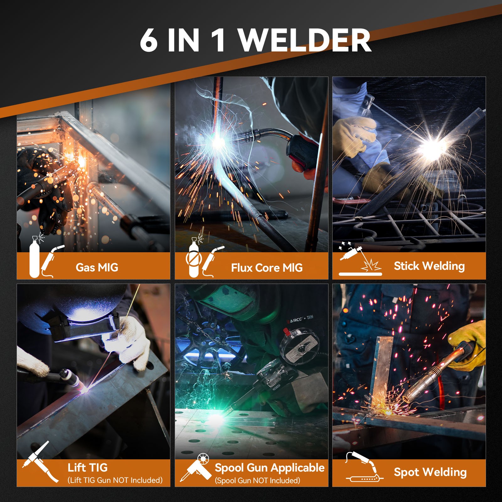 ARCCAPTAIN MIG Welder 200Amp 6 in 1 Gas MIG/Gasless Flux Core MIG/Stick/Lift TIG