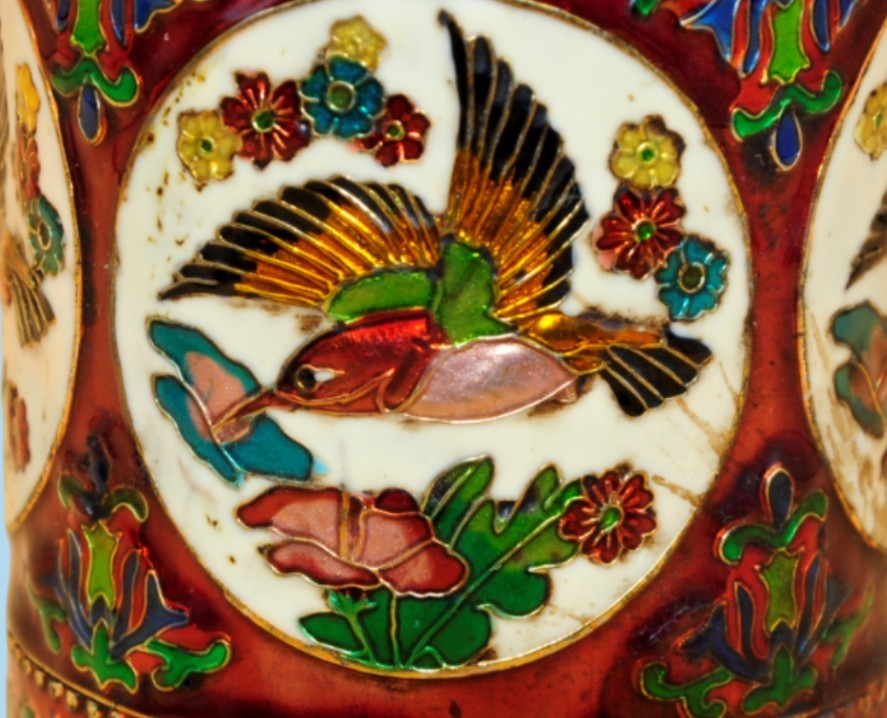 Vintage Chinese Gilt Bronze Cloisonné Brush Pot Handcrafted Floral Bird Artifact