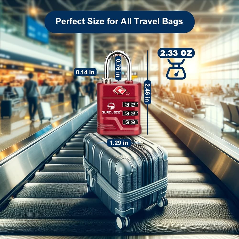 TSA Approved Luggage Lock – 3-Digit Resettable Combination Padlock with Open ...