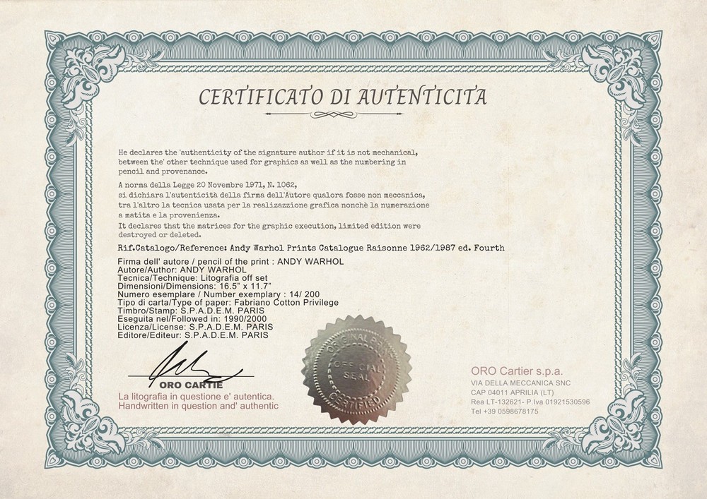 Andy Warhol Signed - Banana - Certificate.