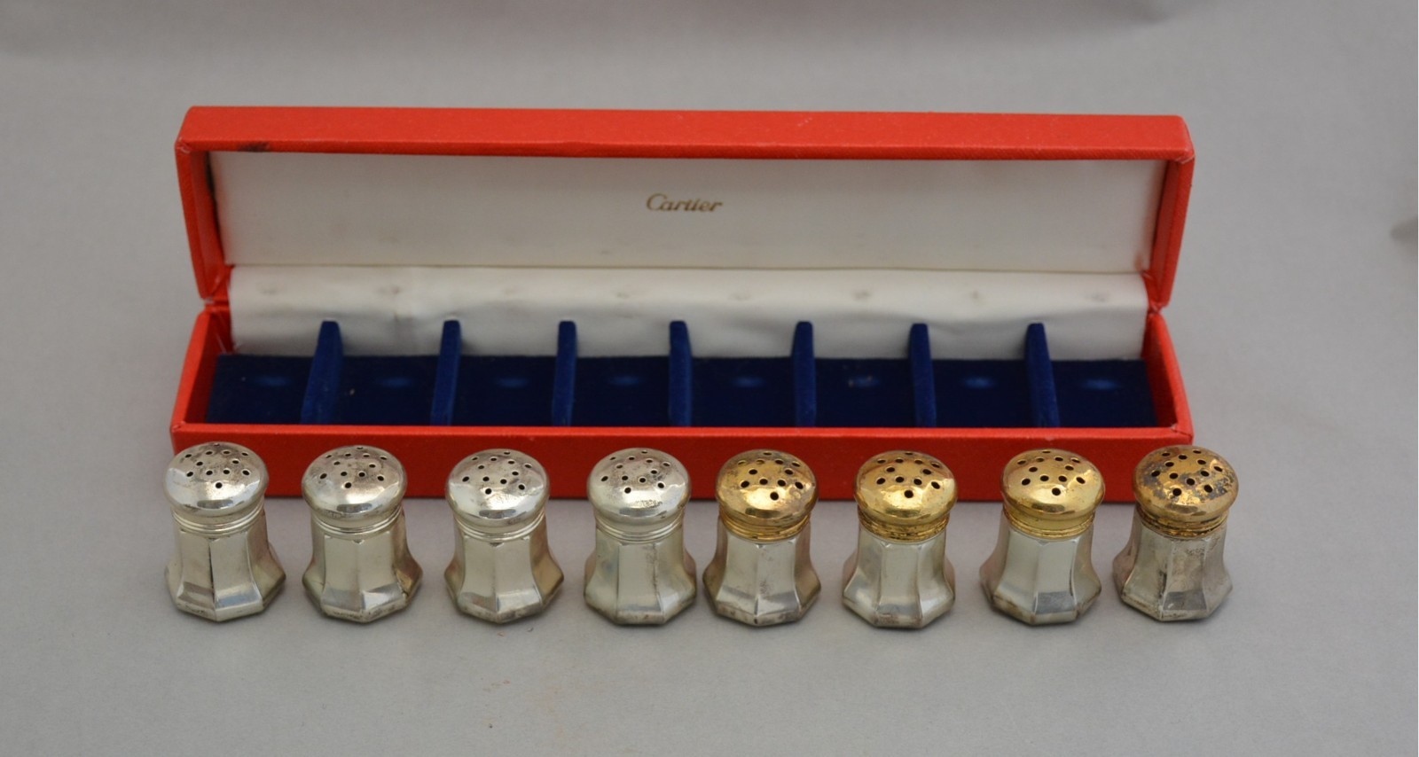 Cartier Silver Salt Pepper Shakers - Set of 8 - Original Box - 4 Gold Plated Lid