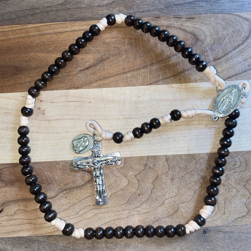 Sleeping Saint Joseph Wood & Cord Rosary 8mm Beads Trinity Crucifix 15.5”