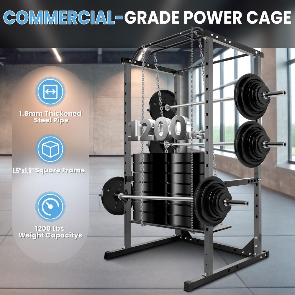 Black/ Red Multi-Function Power Cage 1200LBS Squat Rack w/J-Hooks for Home/Gym