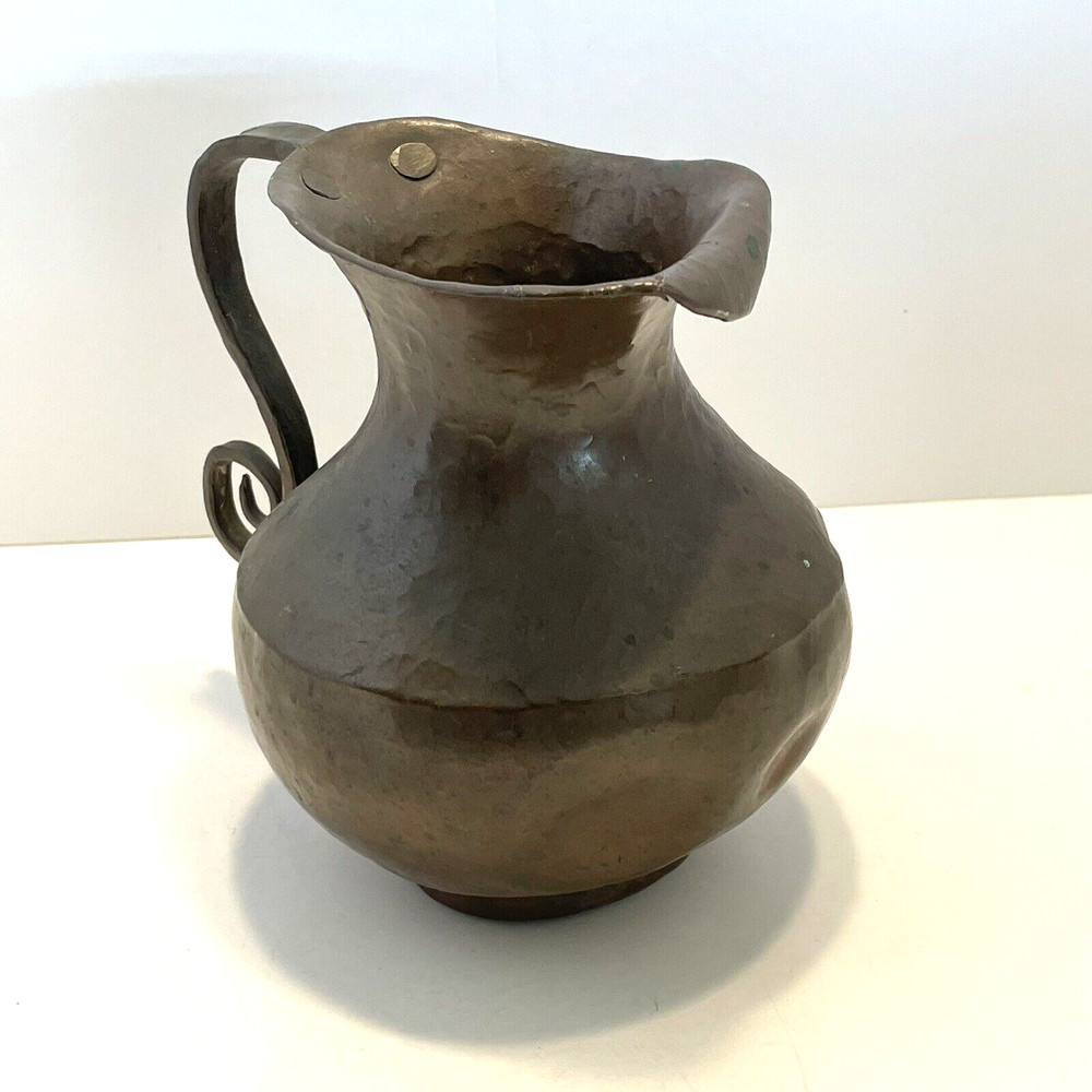 Antique Hammered Copper Pitcher Scrolled Riveted Handle Primitive Jug Dents 6"
