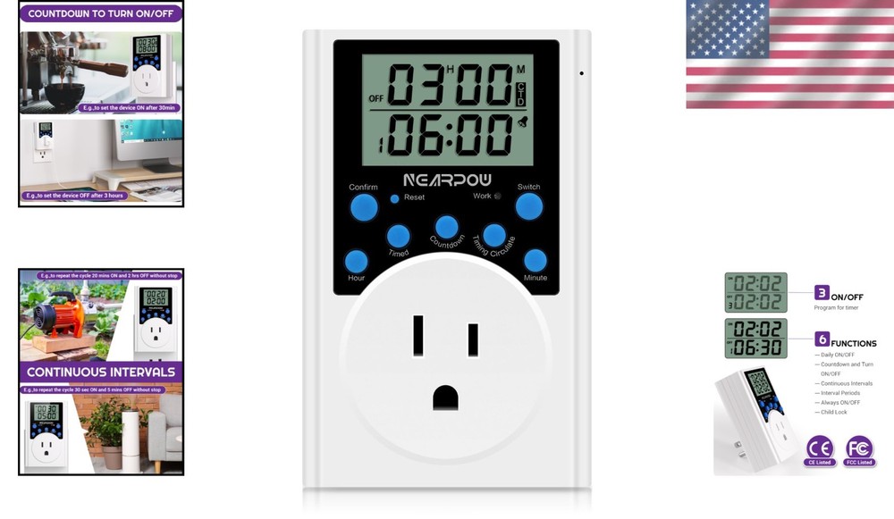 Smart 5-Inch LCD Timer Outlet, Fireproof Programmable Plug for Appliances, 15A