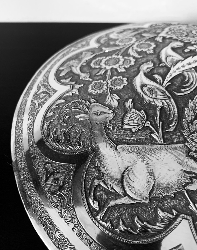 Antique hand engraved persian islamic arabic solid silver round box 945 g
