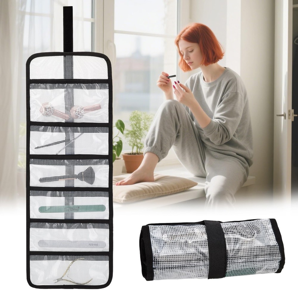 Small Roll Up Storage Bag 6 Pockets Tool Kit Organizer Pouch Clear 2 Pack