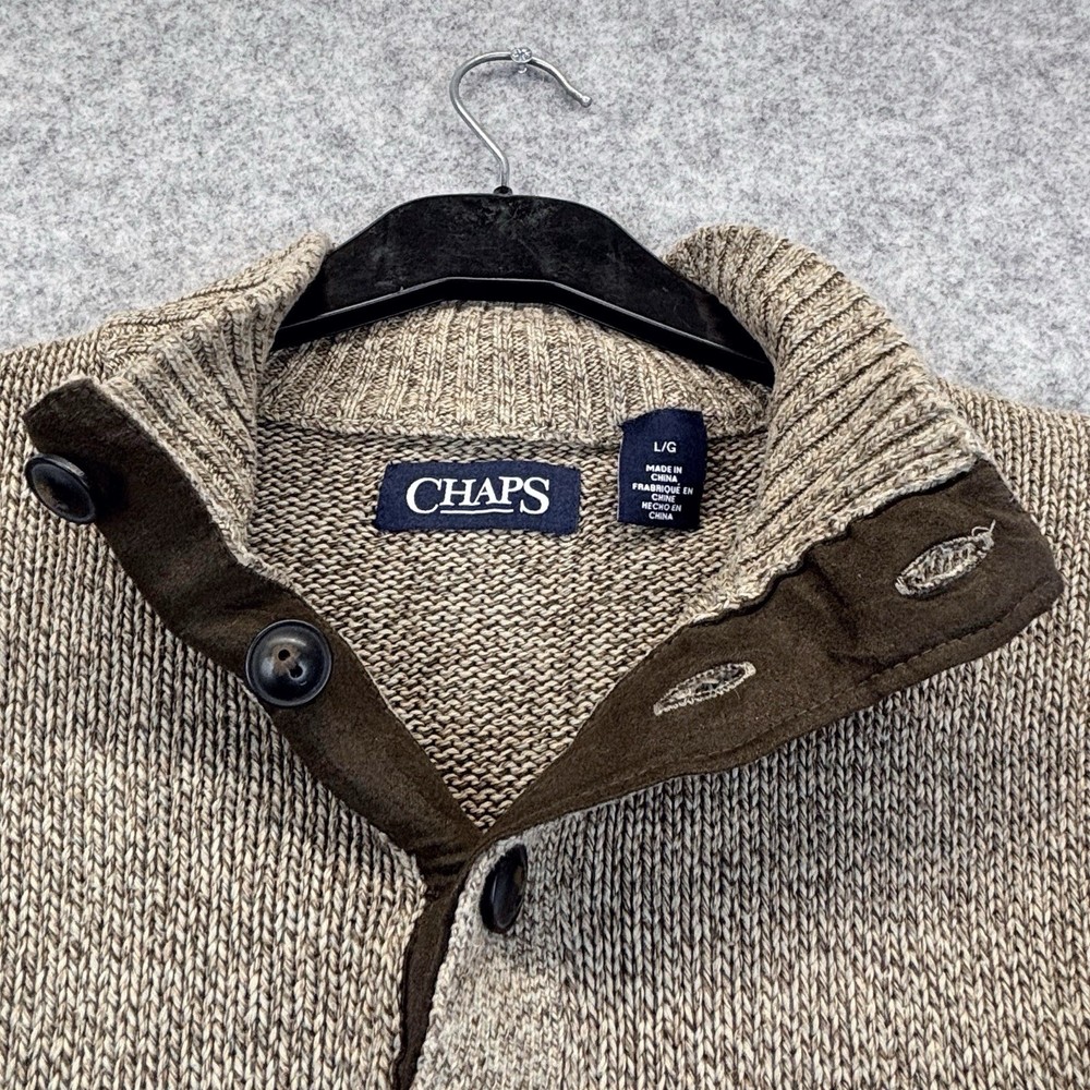 Chaps jumper size large mens button neck oatmeal brown Pullover Elbow Patch