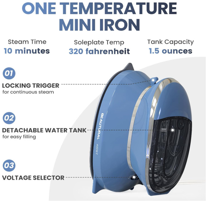 Mini plancha de viaje con vapor, doble voltaje y tanque desmontable, ideal DIY.