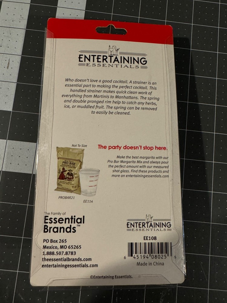 NEW Sealed Cocktail Strainer by Entertaining Essentials Handled Strainer NEW